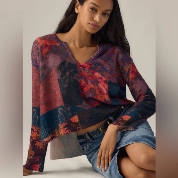 Anthropologie Sweaters - Small Anthropologie pilcro v neck cashmere hi low sweater multi color pattern